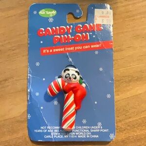 Vintage Fun World Festive Candy Cane Panda Bear 1980's Christmas Pin